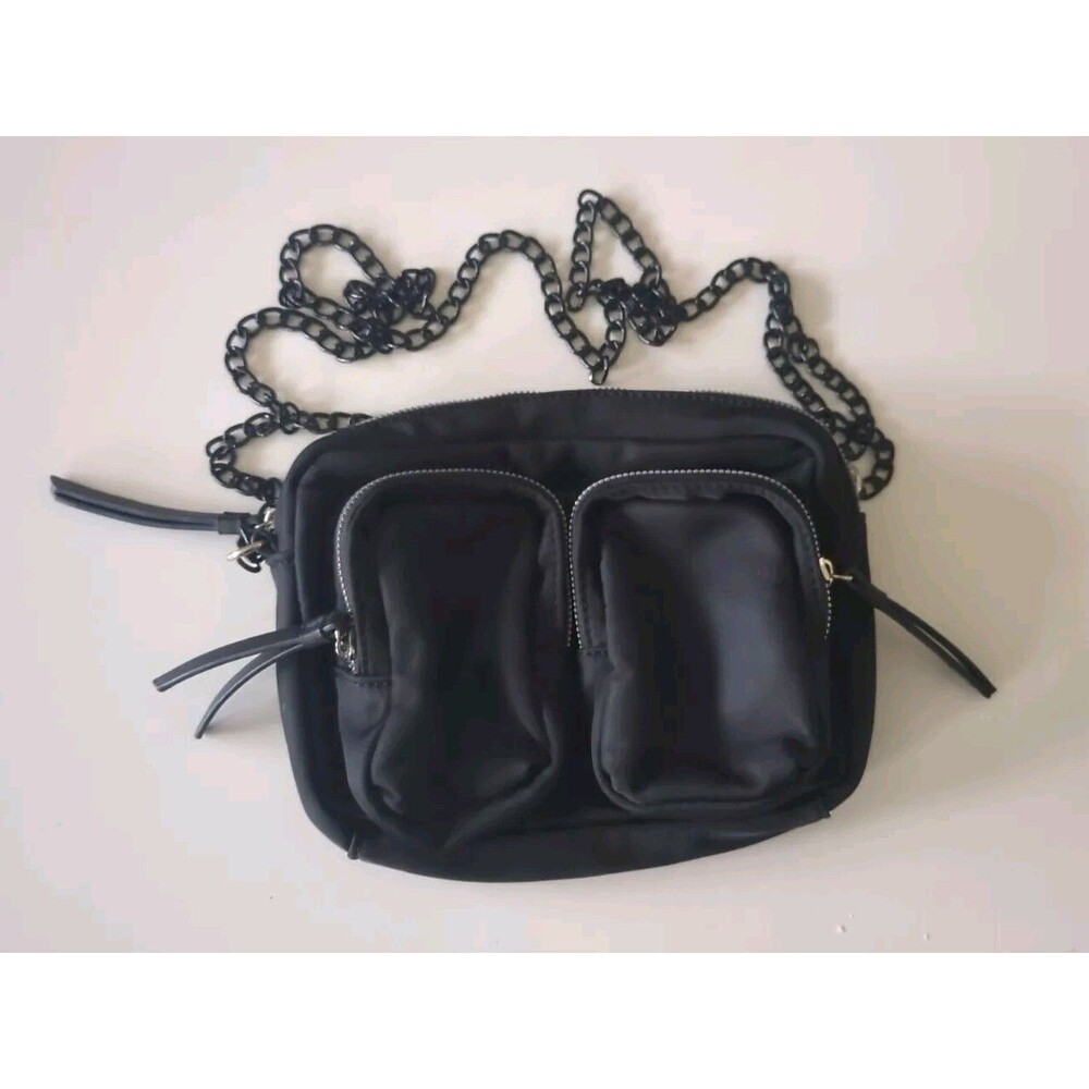 LIKE DREAMS Black Chain Nylon Cargo Utility Pocket Small Crossbody Bag